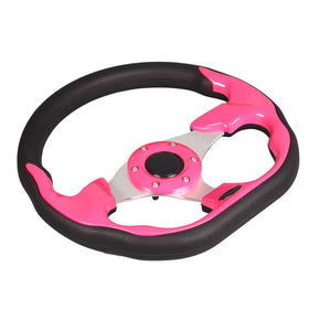 GONMOT pink D-shaped steering wheel installed in a golf cart, illustrating universal fit.