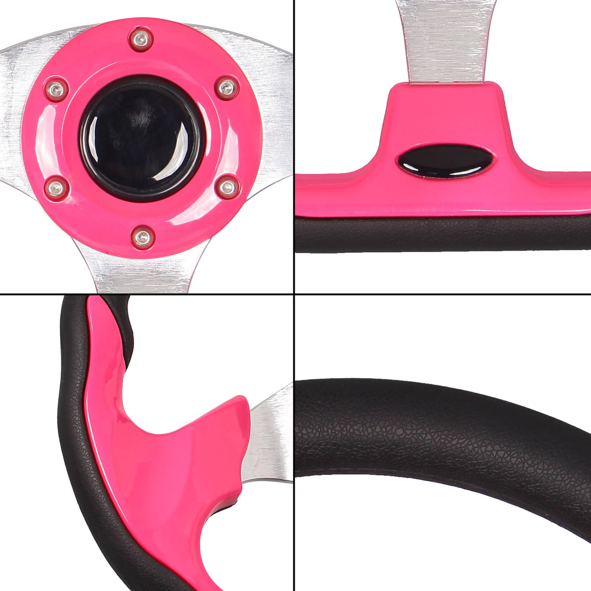 GONMOT pink D-shaped steering wheel installation steps demonstrated in sequence.