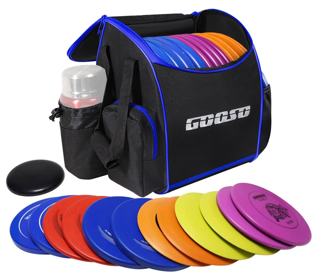 GOOSO disc golf set with backpack, side view, ready for travel and practice.
