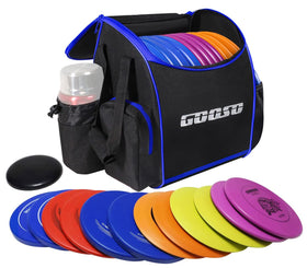 GOOSO disc golf set with backpack, side view, ready for travel and practice.