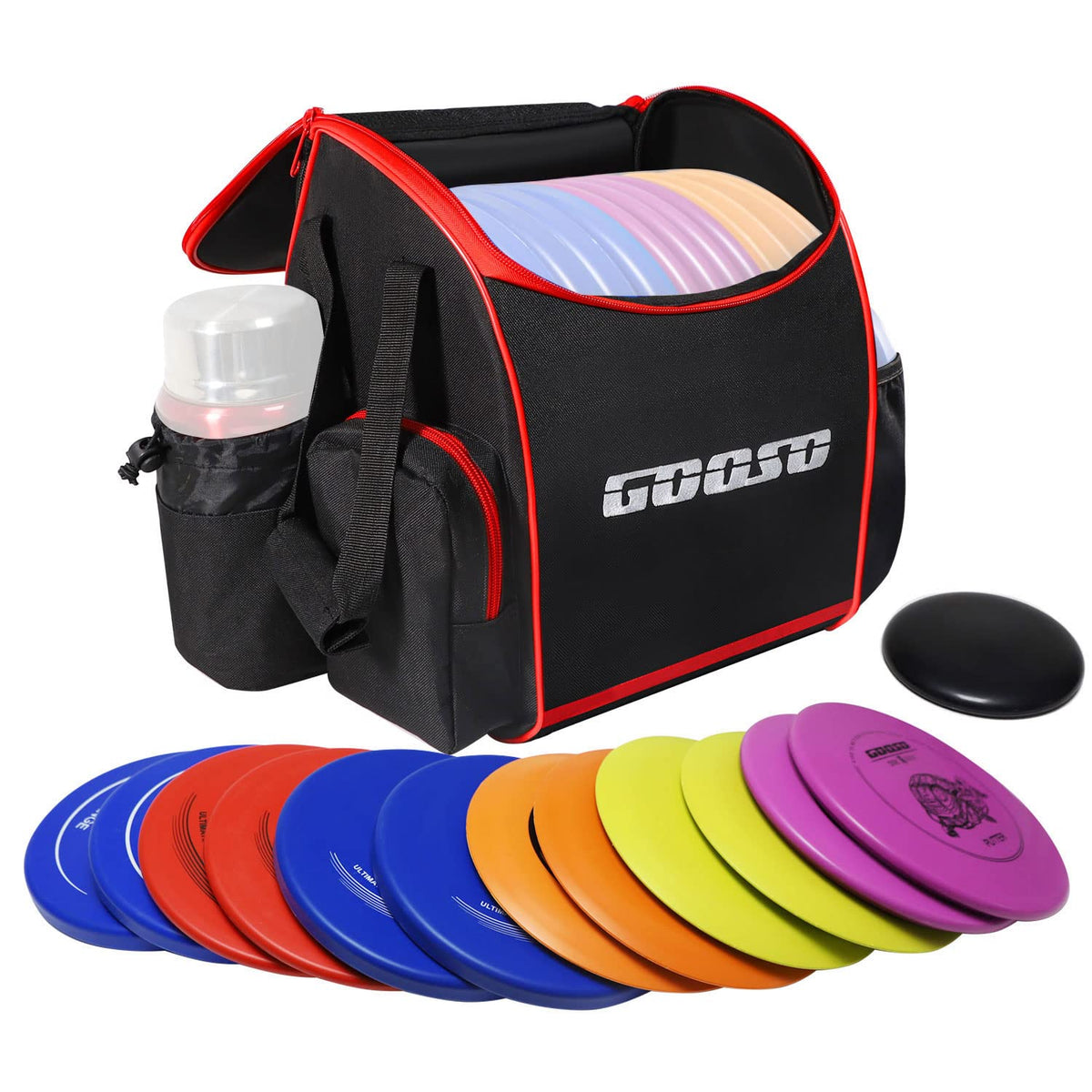 GOOSO disc golf set with bag open for quick setup and transport.