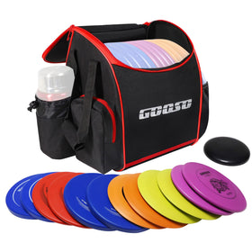 GOOSO disc golf set with bag open for quick setup and transport.