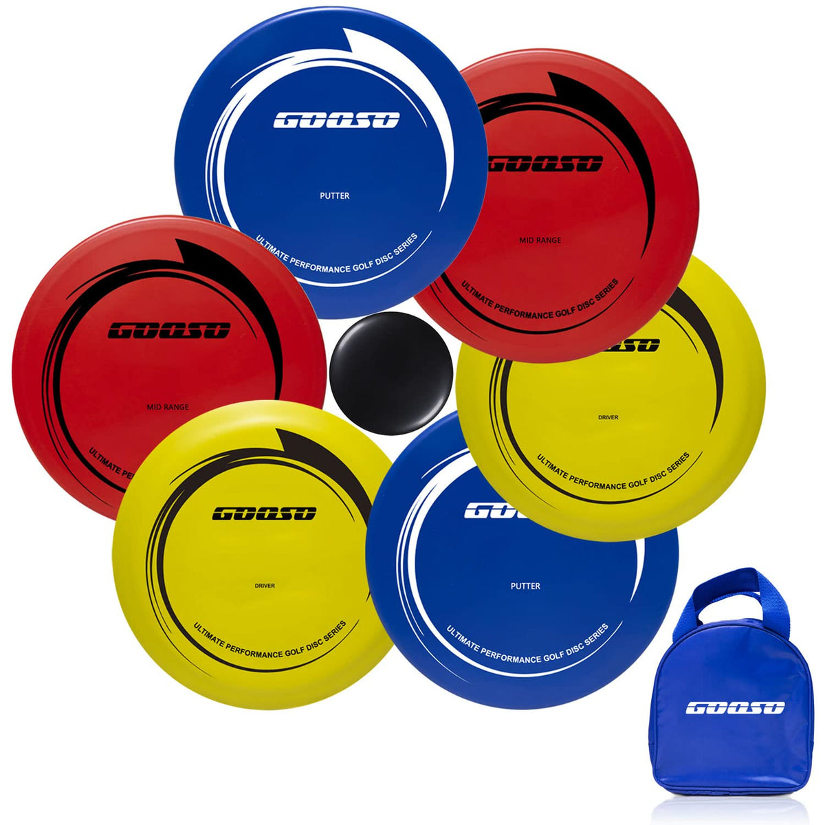 GOOSO disc golf set with bag showcases the complete kit for backyard practice.