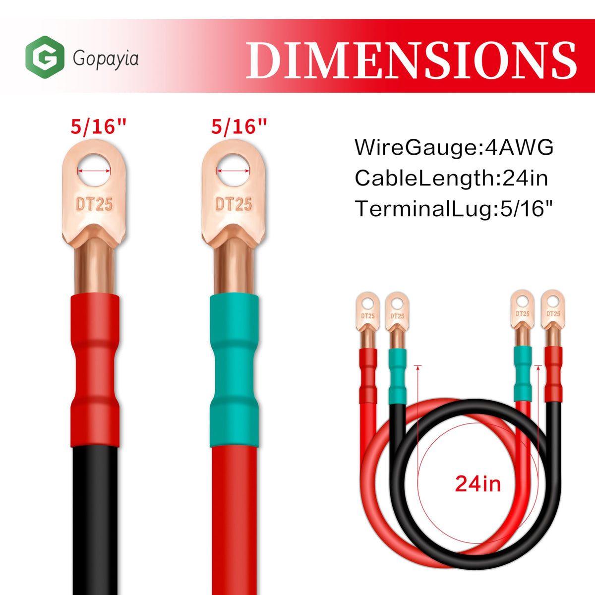 Gopayia 4 AWG cables with 5/16 inch lugs for EZGO and other posts