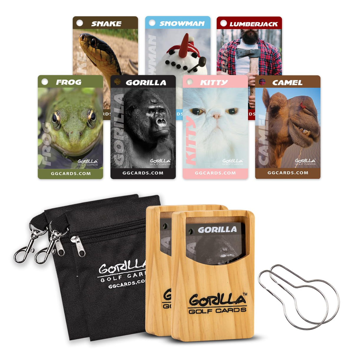 Gorilla Golf Cards 2 Pack shown with wood case for durable on-course storage