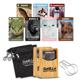 Gorilla Golf Cards 2 Pack shown with wood case for durable on-course storage