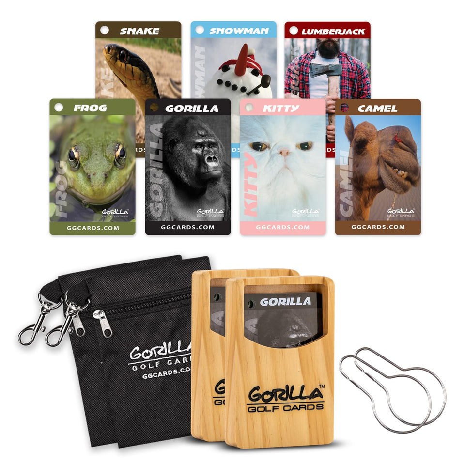 Gorilla Golf Cards 2 Pack shown with wood case for durable on-course storage
