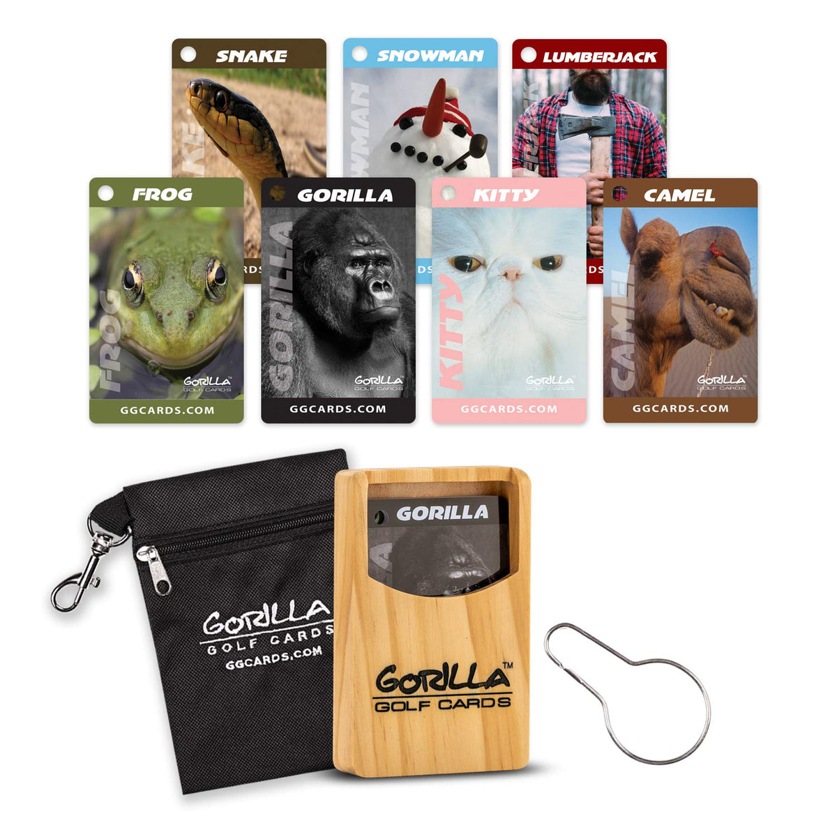 Gorilla Golf Cards deck closeup showing durable, easy-to-swipe animal cards for on-course play.