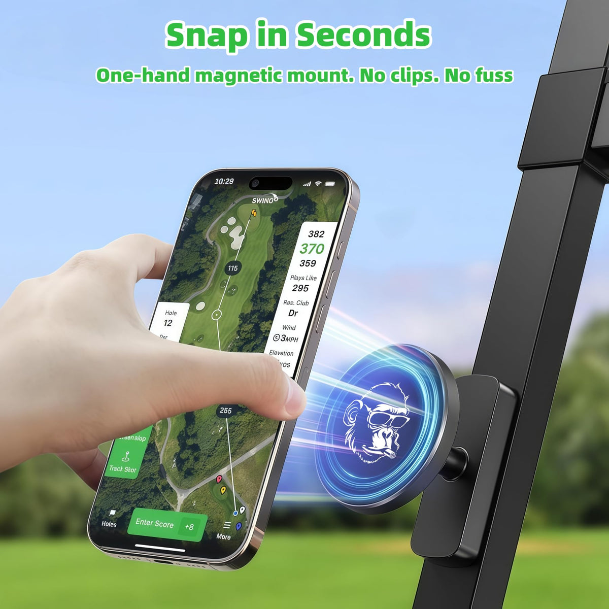 Gorilla magnetic holder installs in one second on metal golf cart