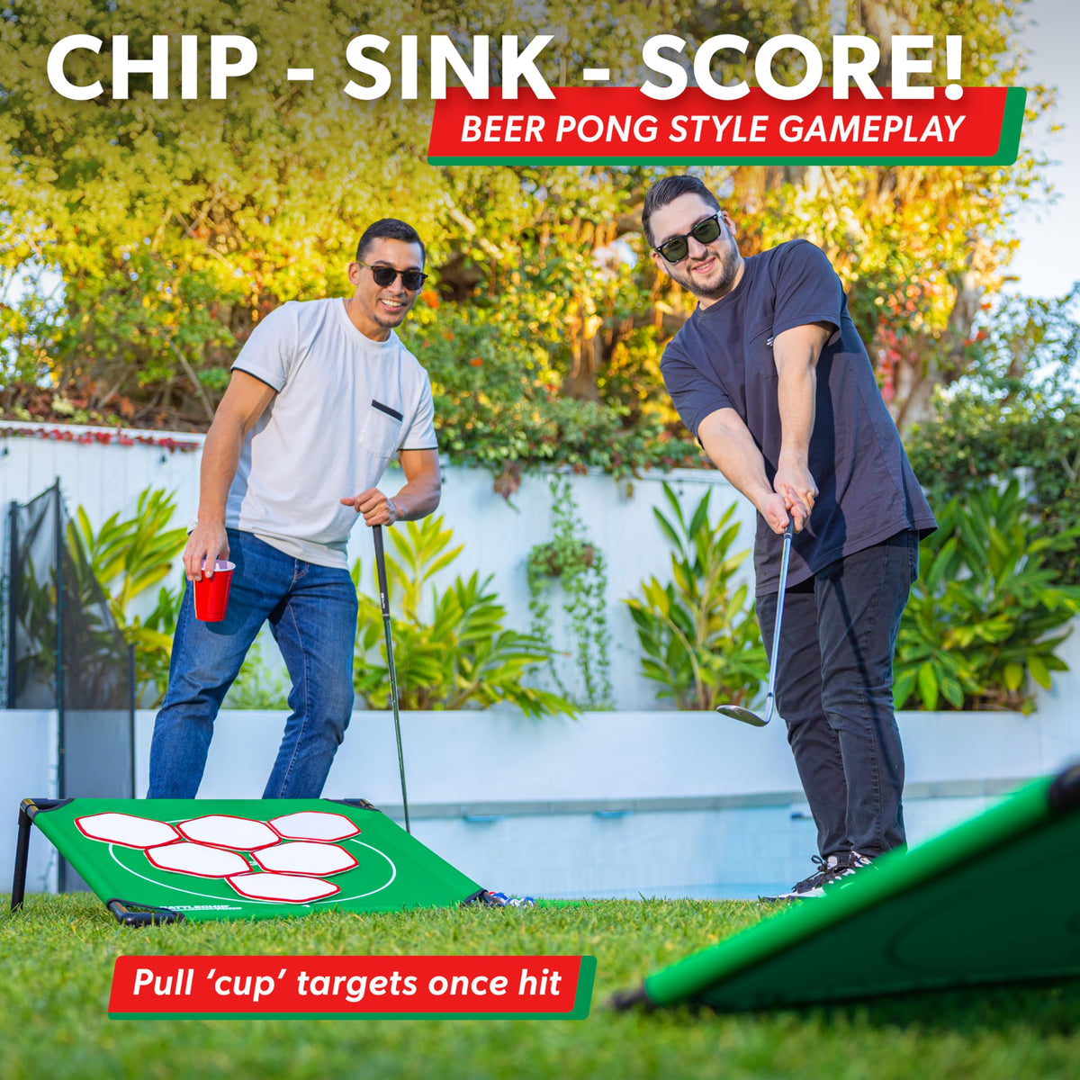 GoSports BattleChip Pong targets for sinking cups in rounds.