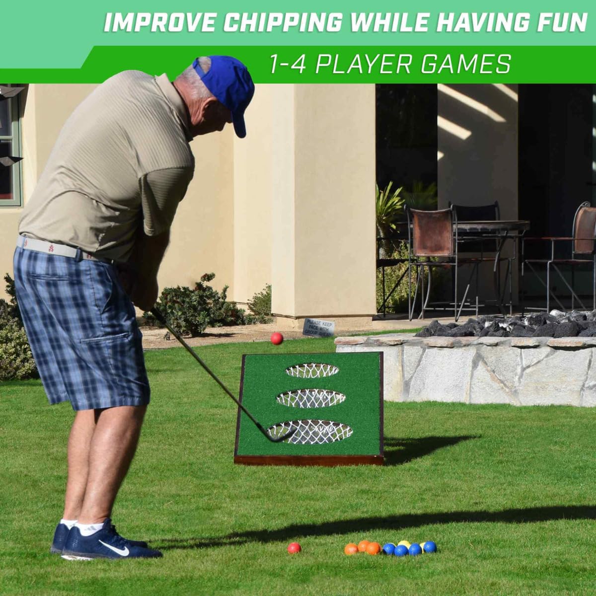 GoSports BattleChip Pro hitting mat provides a consistent practice surface outdoors.