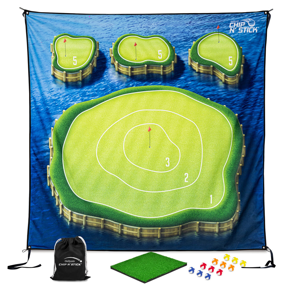 GoSports Chip N' Stick Golf Islands on a giant target for chipping practice
