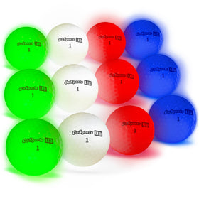 GoSports LED golf balls 12-pack, front view, bright illumination for nighttime practice.
