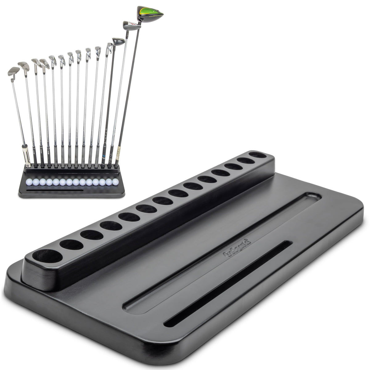 GoSports Premium Wood Golf Club Holder with 14-club rack for organized practice.
