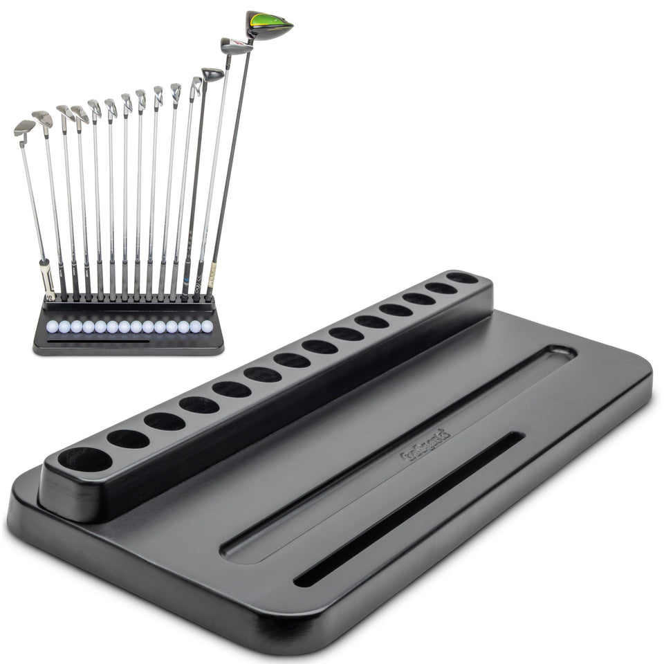 GoSports Premium Wood Golf Club Holder with 14-club rack for organized practice.