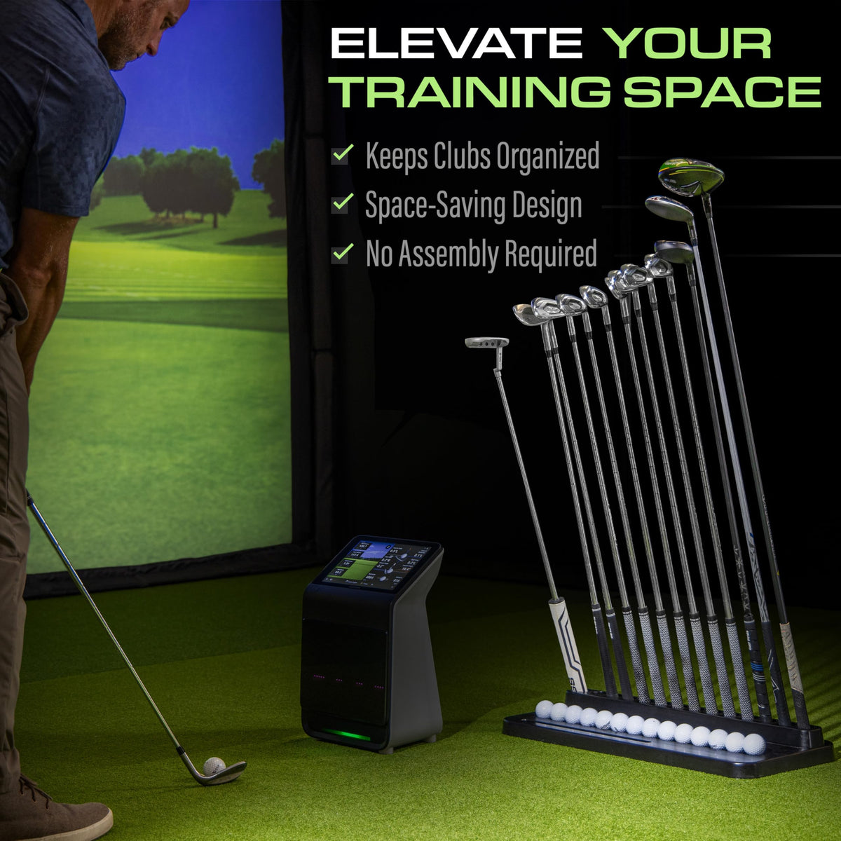 GoSports Premium Wood Golf Club Holder showing ball channel for 14 balls.