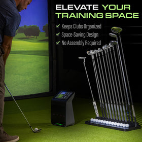 GoSports Premium Wood Golf Club Holder showing ball channel for 14 balls.