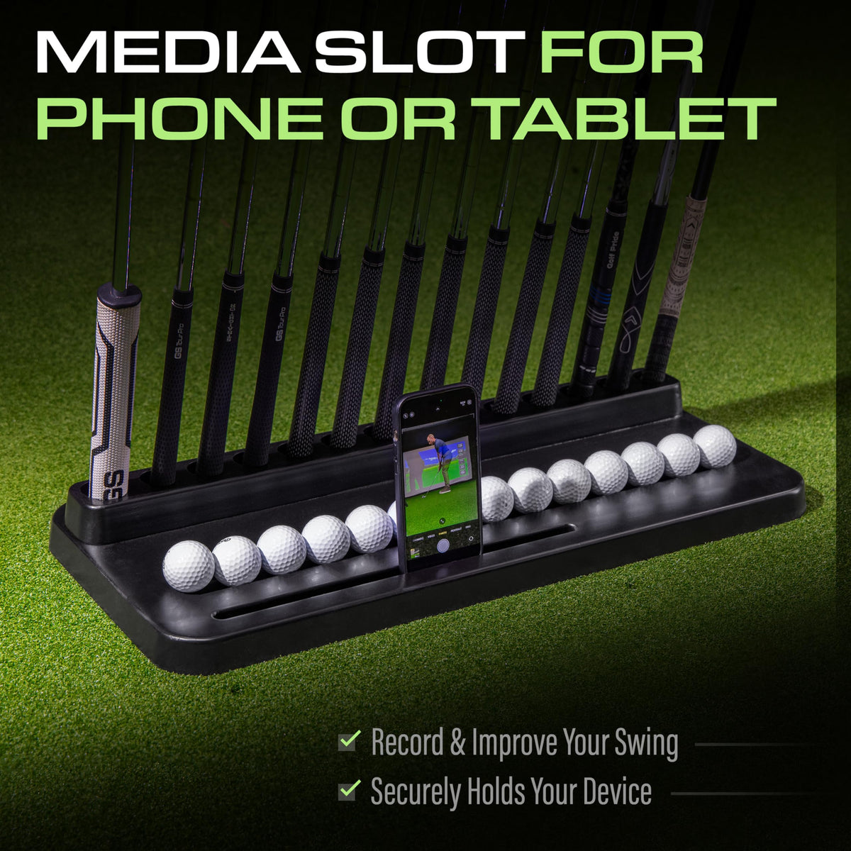 GoSports Premium Wood Golf Club Holder tablet slot for video swing analysis.