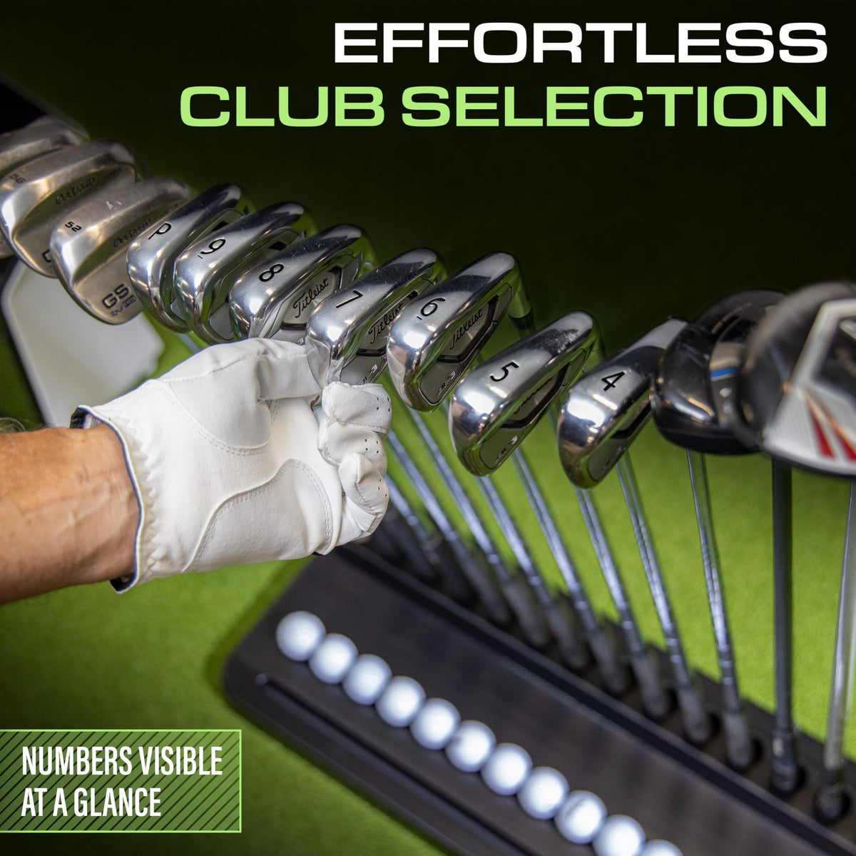 GoSports Premium Wood Golf Club Holder with tip-resistant base during practice.