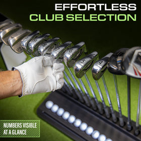 GoSports Premium Wood Golf Club Holder with tip-resistant base during practice.