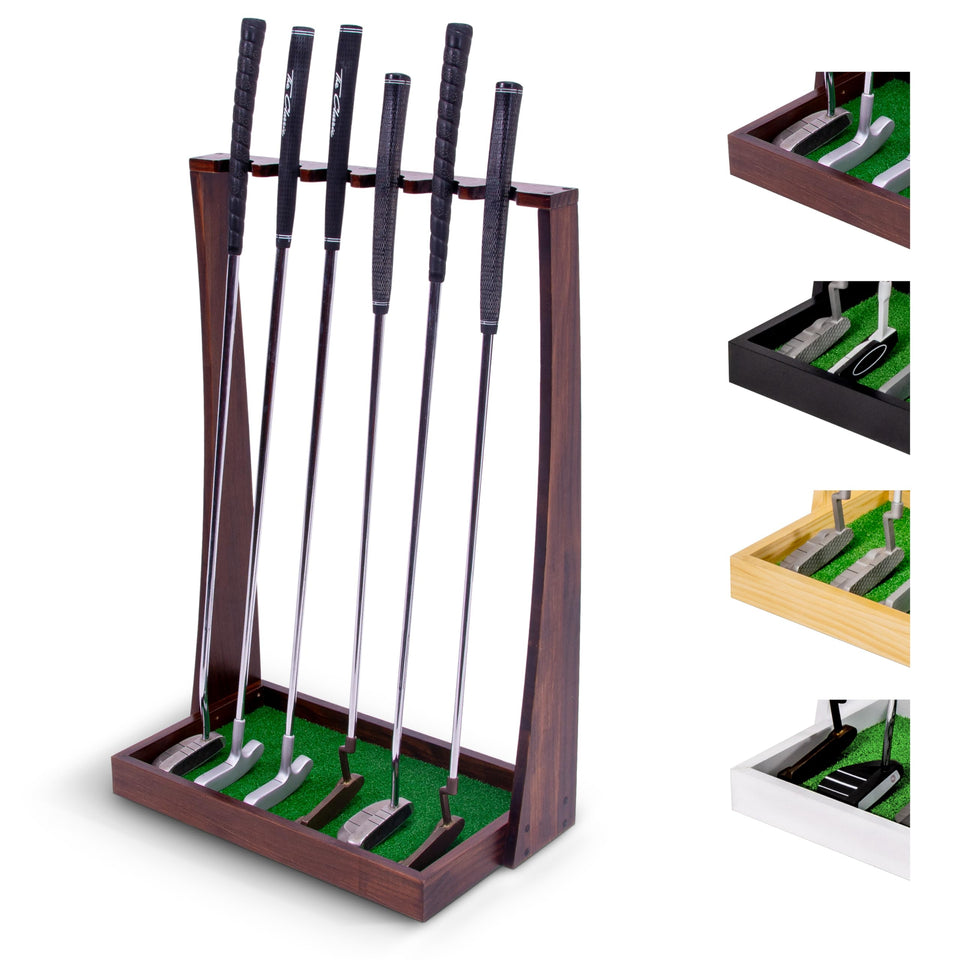 GoSports Premium Wooden Putter Stand, assembled, neat indoor display for six clubs.