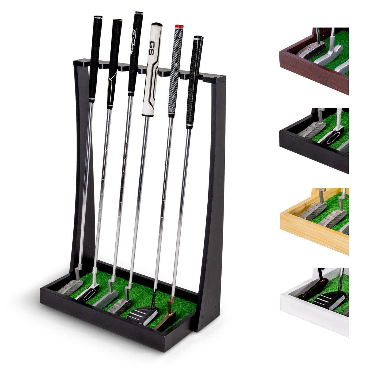 GoSports premium wooden putter stand front view with six organized slots for easy access