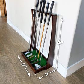 GoSports Premium Wooden Putter Stand indoors on display for golf gear.