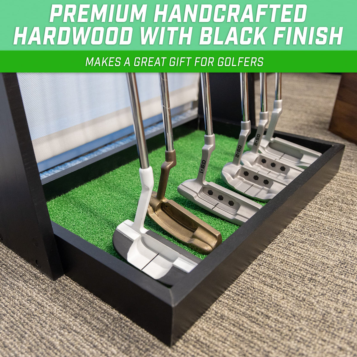 GoSports premium wooden putter stand inside tray padding protects finishes in storage
