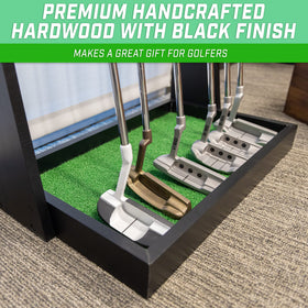 GoSports premium wooden putter stand inside tray padding protects finishes in storage