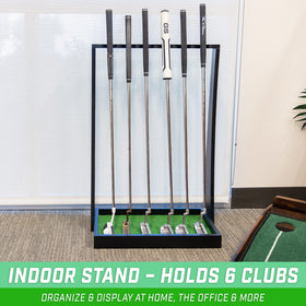 GoSports premium wooden putter stand side view shows compact footprint for home or office