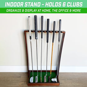 GoSports Premium Wooden Putter Stand shows six slots for easy club organization.