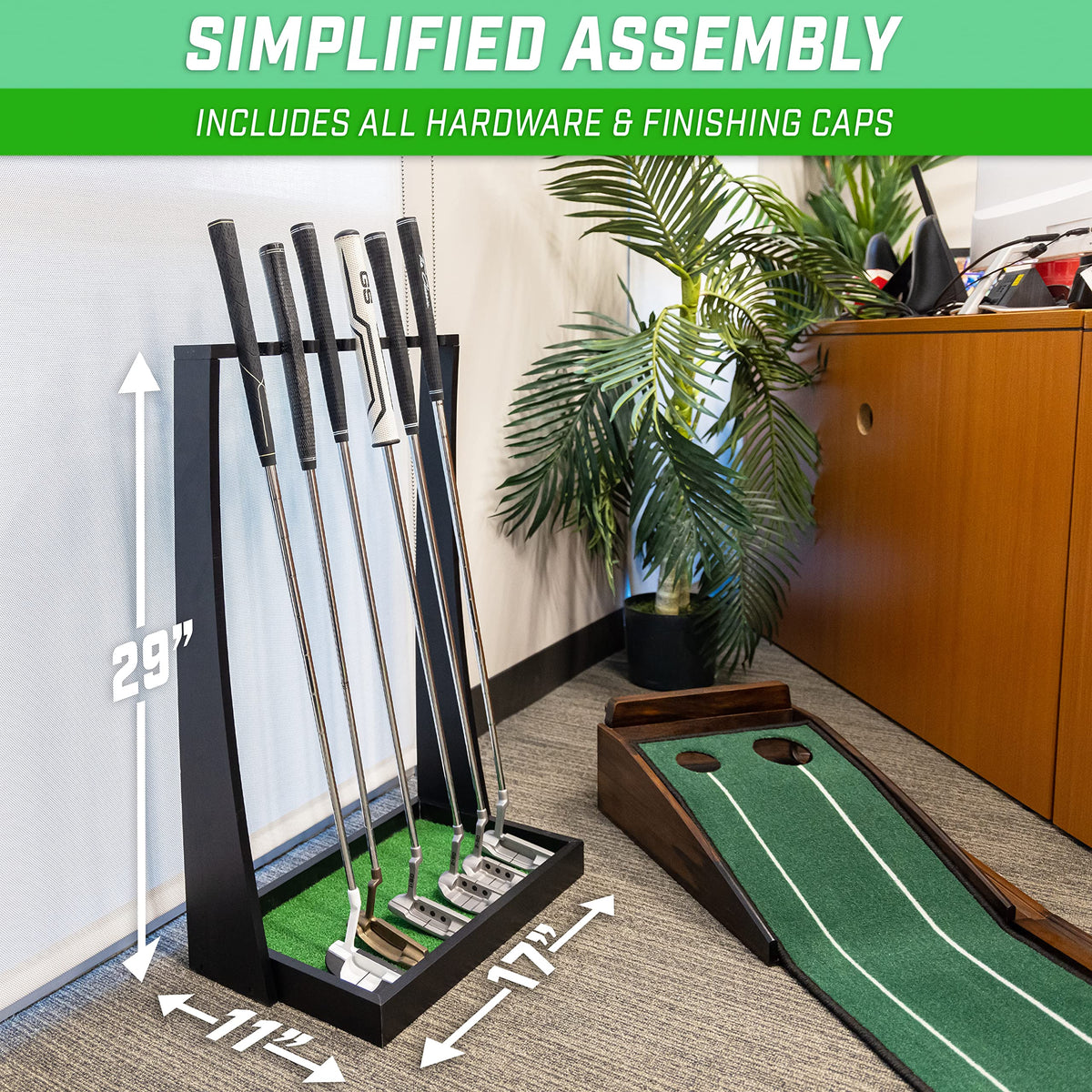 GoSports premium wooden putter stand turf detail interior cushions clubs during display