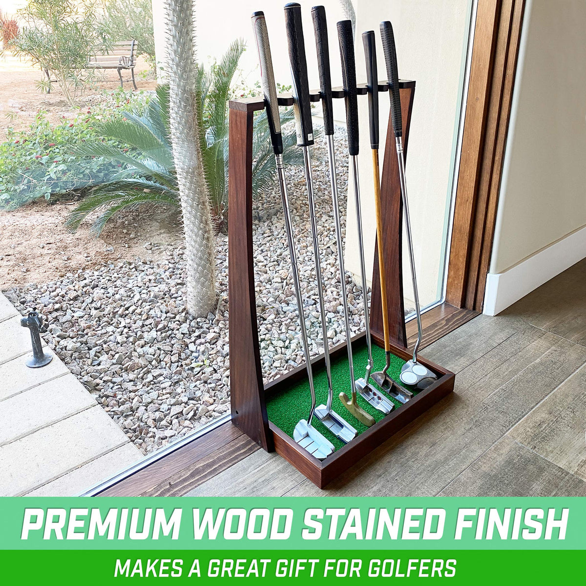 GoSports Premium Wooden Putter Stand with turf tray cushioning clubs.