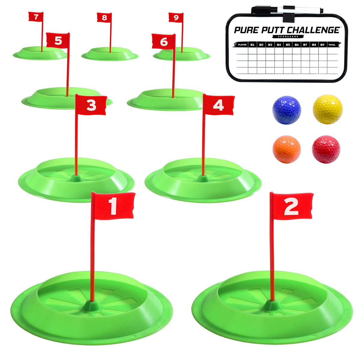 GoSports Pure Putt Challenge set-up scene showing a customizable home mini-golf course.