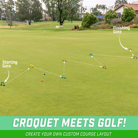 GoSports Putt-Thru Croquet gates on carpet enable easy at-home setup.