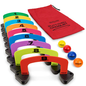 GoSports Putt-Thru Croquet gates set up on a living room rug for home play.