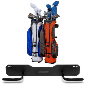 GoSports wall-mounted golf bag rack holds two bags securely for easy garage organization.