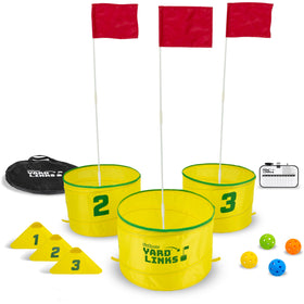 GoSports Yard Links buckets setup on a backyard lawn for easy play.