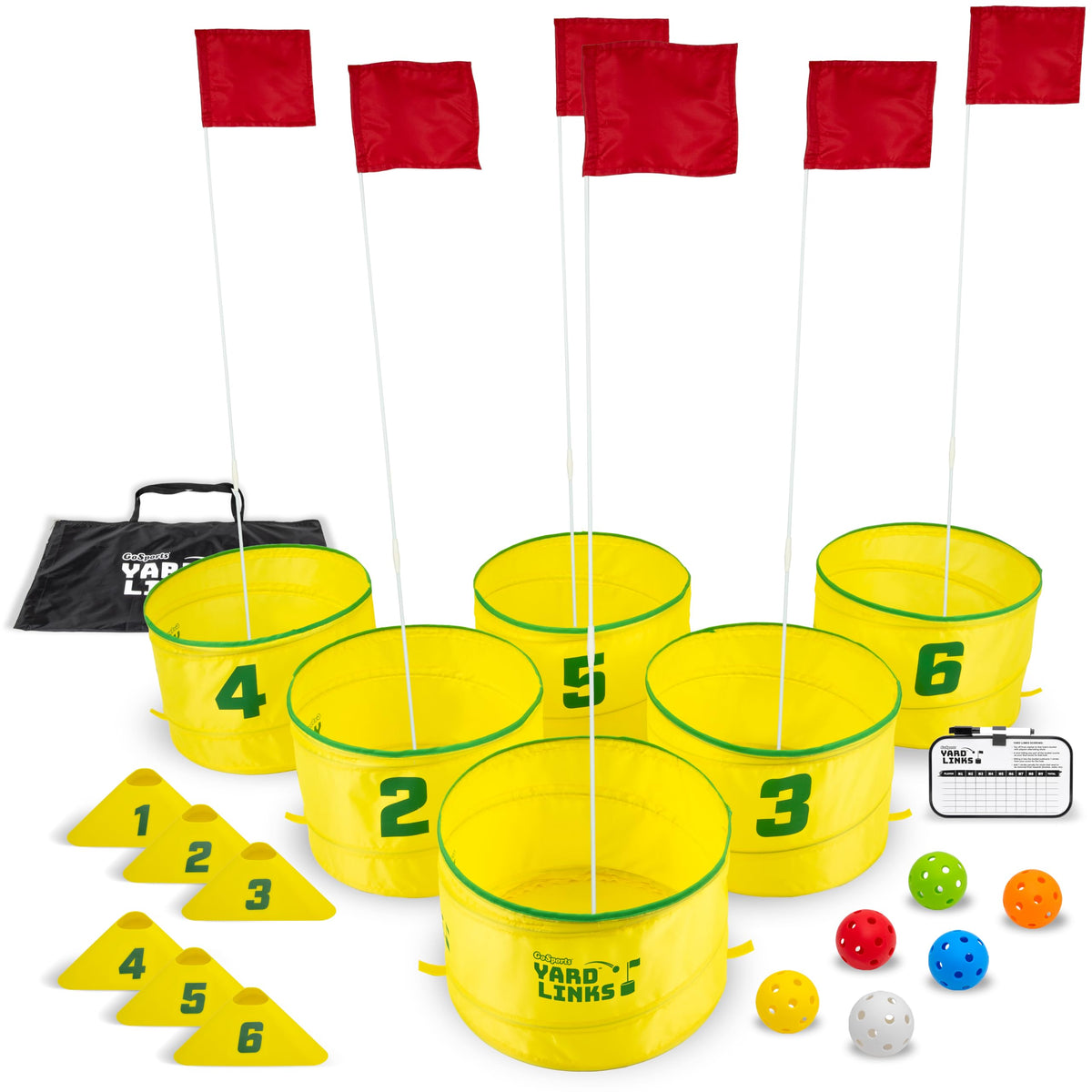 GoSports Yard Links buckets—easy backyard setup for family-friendly golf play.