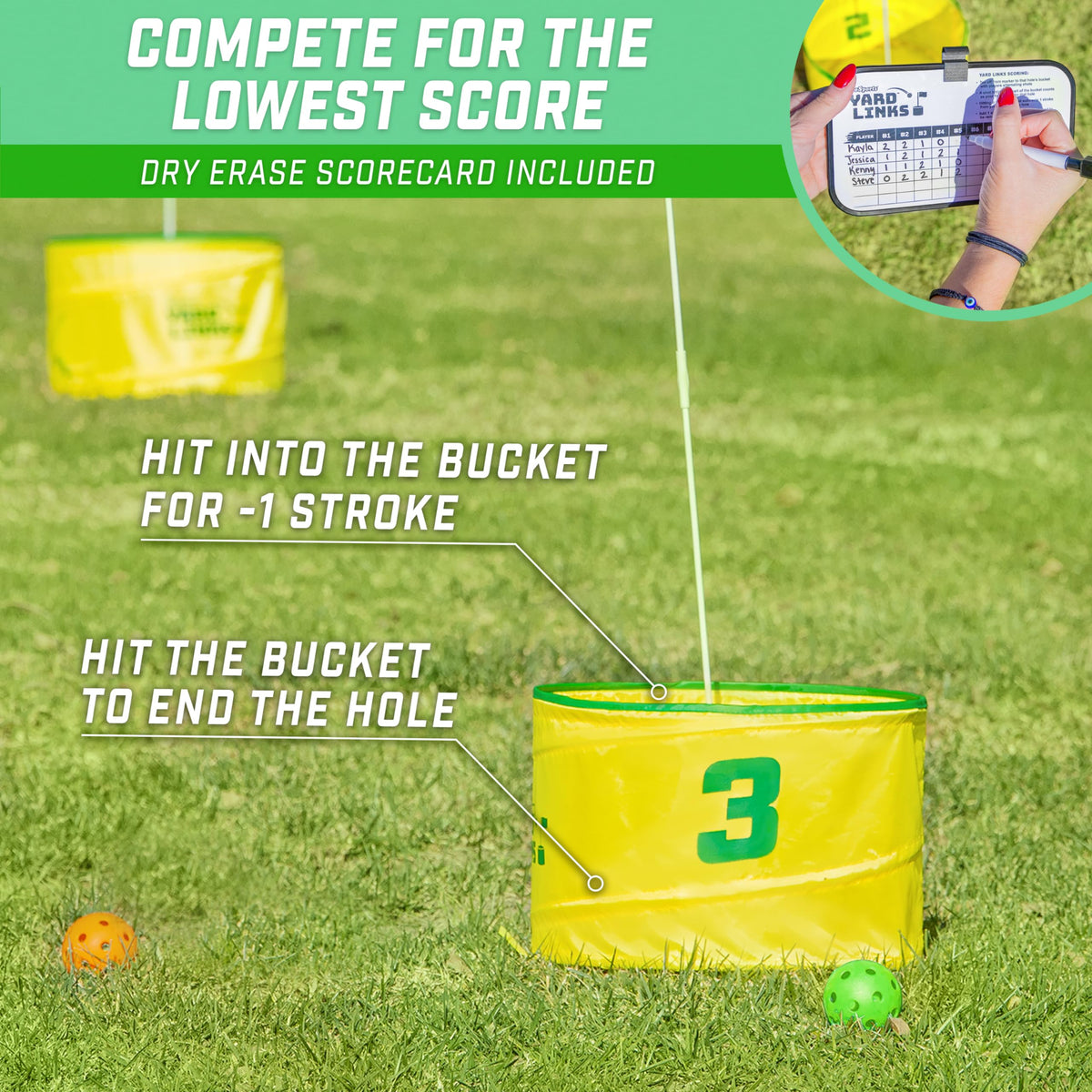 GoSports Yard Links dry-erase scorecard for quick scorekeeping.
