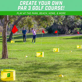 GoSports Yard Links tee marker cones shape a 9-hole course layout.