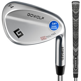 Gowolf 54-degree wedge face close-up shows CNC milled spin for tighter control around greens.