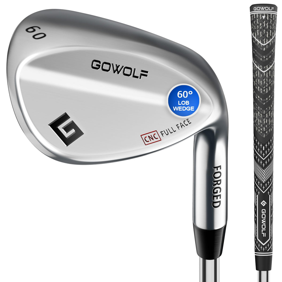 Gowolf 60-degree wedge chrome face closeup highlighting optimized spin control