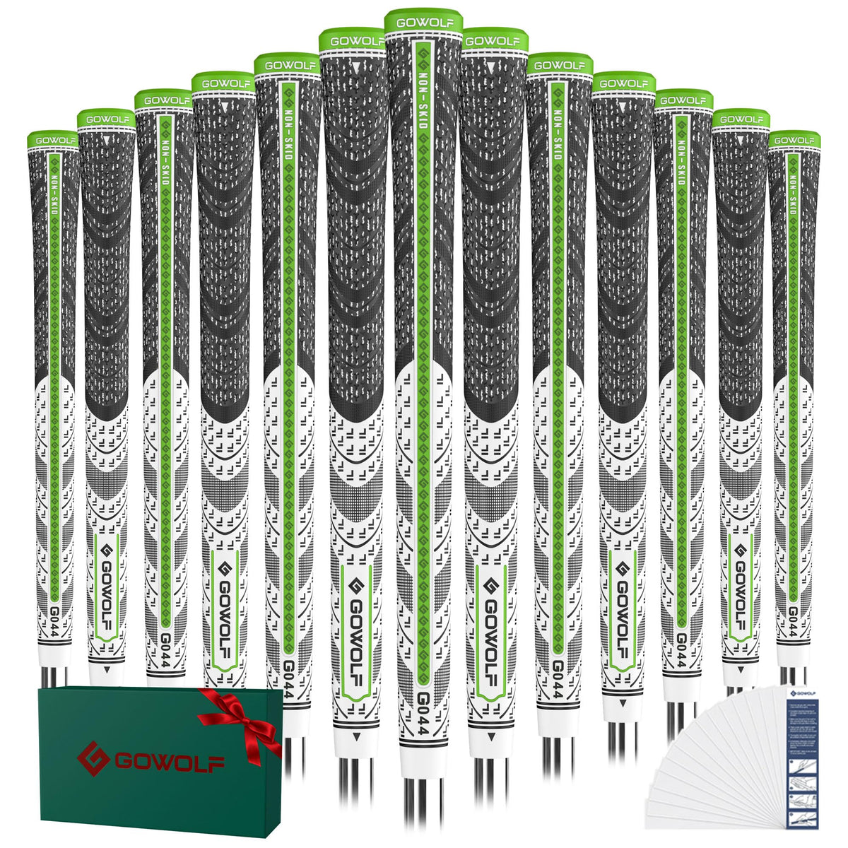 Gowolf cross corded rubber golf grips in green-white midsize offer improved control for precision swings.