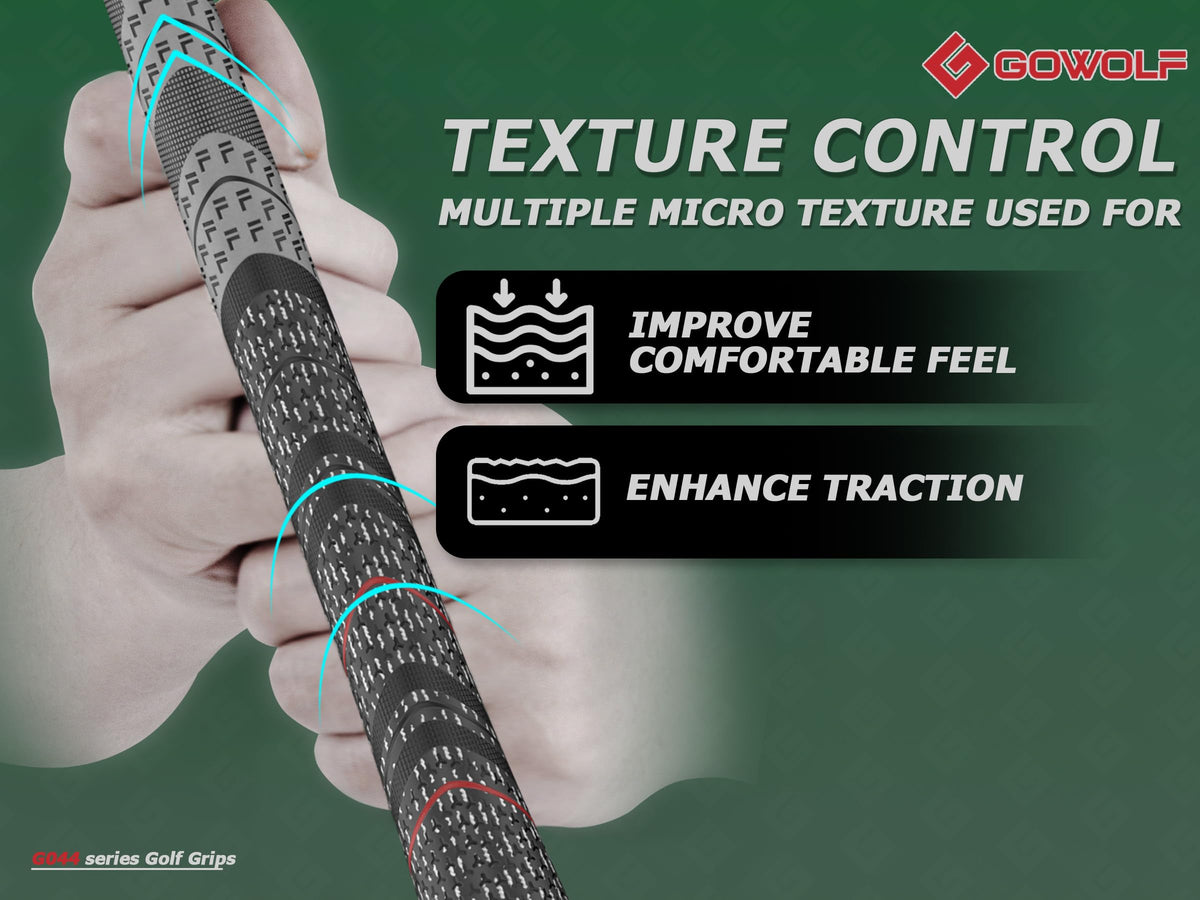 Gowolf Cross Corded Rubber Golf Grips micro texture for grip and comfort.