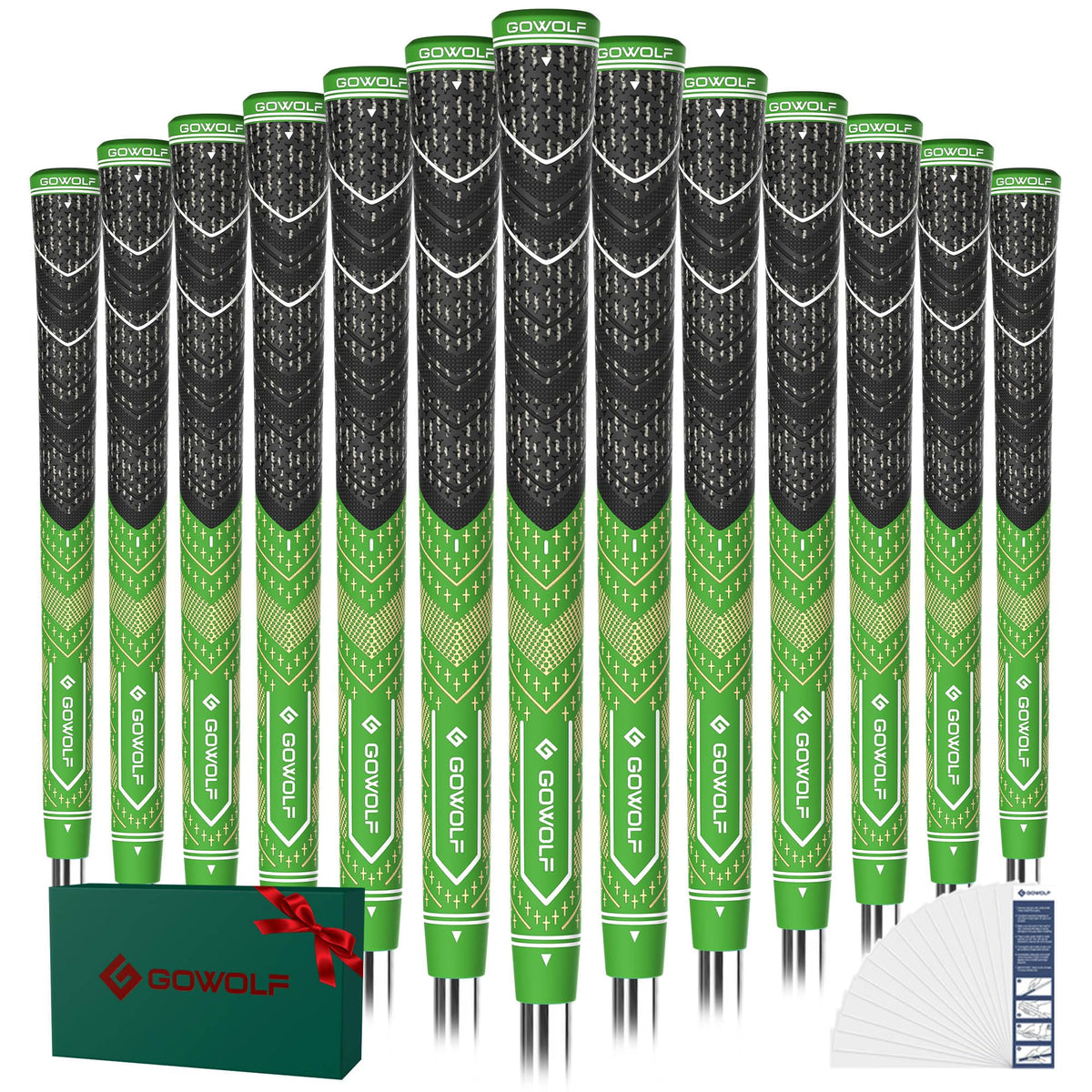 Gowolf golf grips with cord-rubber design and green top cover for enhanced traction.