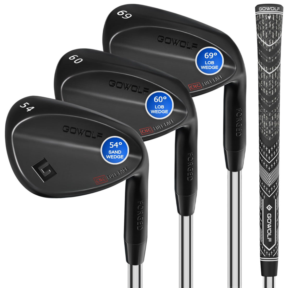 Gowolf wedges front view for right-handed players with a modern chrome finish