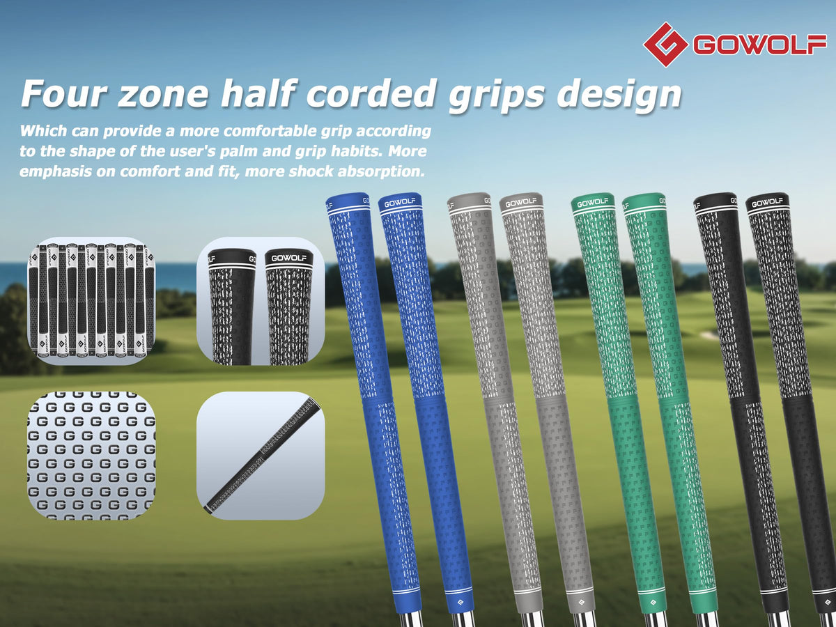 Gowolf hybrid-material grip shows natural rubber and cotton threads for anti-slip feel.