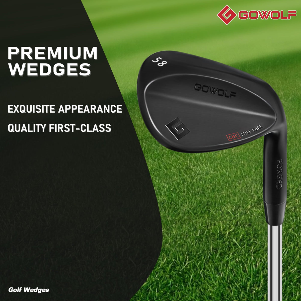 Gowolf wedge showing full-face grooves for consistent spin on off-center hits.