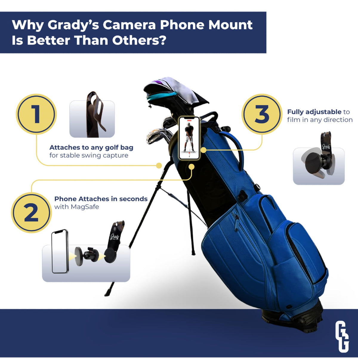 Grady Golf MagSafe-compatible holder attaches quickly to bags with powerful magnets for grab-and-go setup
